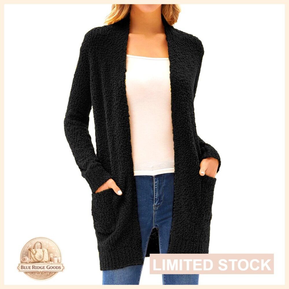 Long Cardigan Sweater, Open Front Fuzzy Fleece, Chunky Knit with Pockets